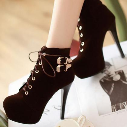 Sexy Brown Lace Up High Heels Ankle Boots..