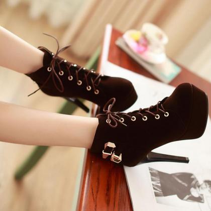 Sexy Brown Lace Up High Heels Ankle Boots..