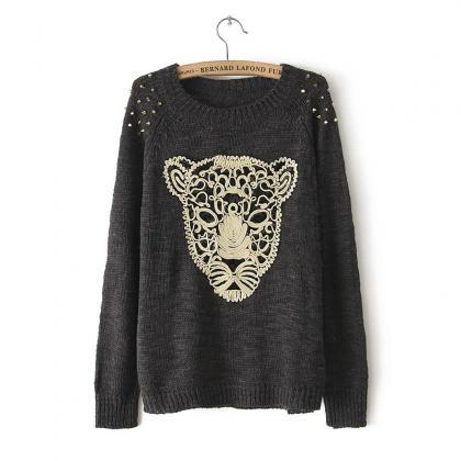 Aztec Knitted Rivets Black Pullover..