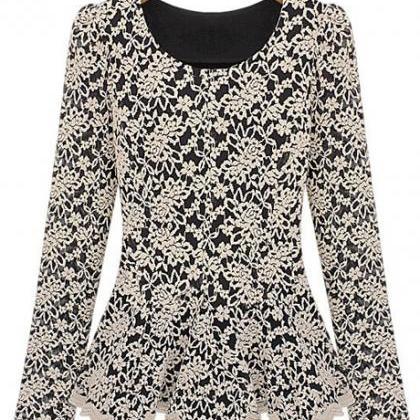 Long Sleeve Lace Blouse In Black An..
