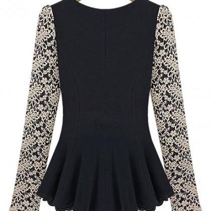 Long Sleeve Lace Blouse In Black And Apricot