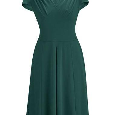 Vintage Inspired V Neck Green A Line Dress