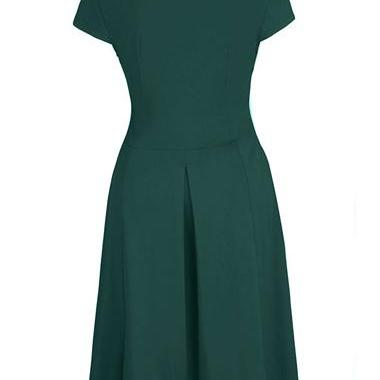 Vintage Inspired V Neck Green A Line Dress