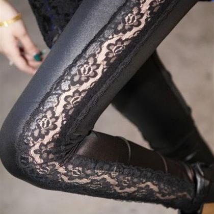 Fashion Lace Stitching Leather Pant..