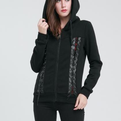 Black Punk Style Rope Stitching Hoo..
