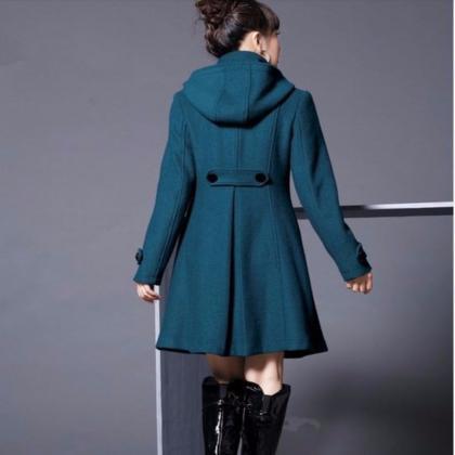 Turtleneck Buttoned Hooded Trench C..