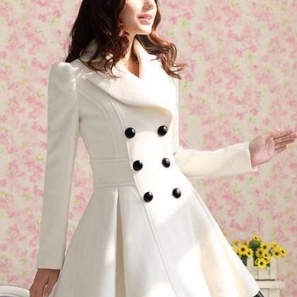 Elegant White Double Breasted Long Coat
