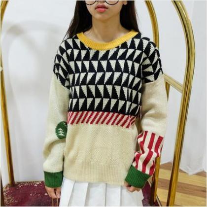Harajuku Quilted Geometric Knitted Women Sweater