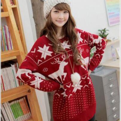 Cute Deer Maple Leaf Print Chrismas Sweater