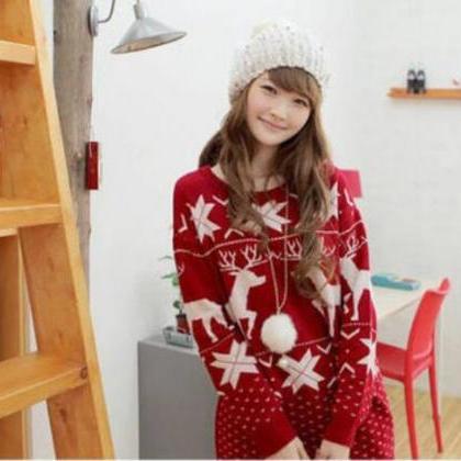 Cute Deer Maple Leaf Print Chrismas Sweater