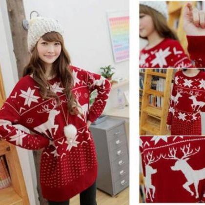 Cute Deer Maple Leaf Print Chrismas Sweater