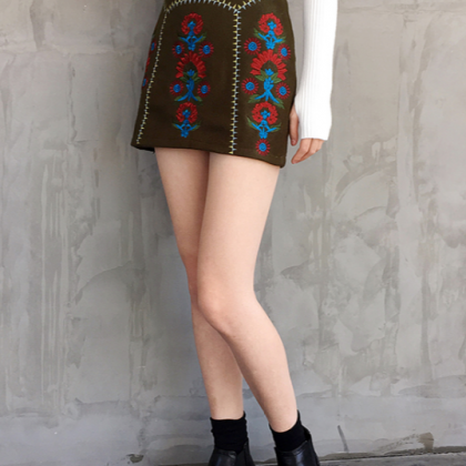 Flower Embroidered A-line Skirt