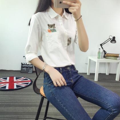 Cute Squirrel Embroidery Blouse Shirt #yyl-50