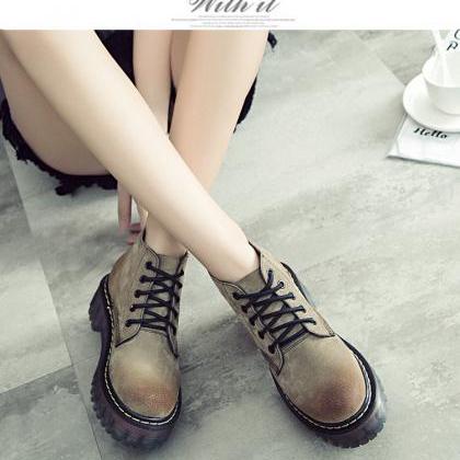 Round Toe Lace-up Flat Platform Ank..