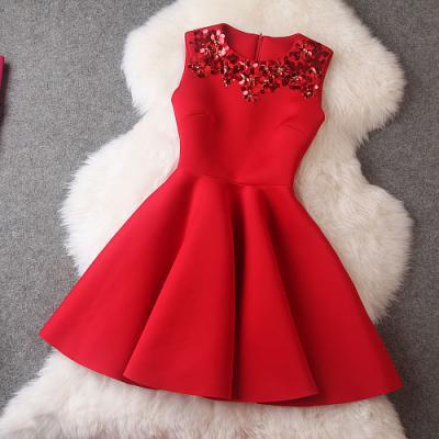 Red color Luxury Designer Sequined Sleeveless Dress For Autumn&Winter