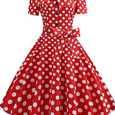 Women's Vintage 1950s A Line Dress,Polka Dot Print Square Neck dress