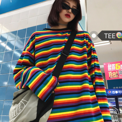 Harajuku style Rainbow Striped Long Sleeve sweater shirt 