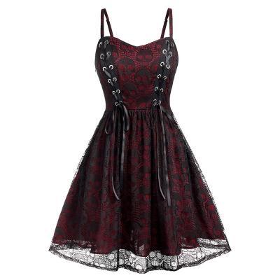 Vintage Gothic Lace Patchwork Women Spaghetti Strap Dress Goth Vampire Witch Dresses Medieval Renaissance Cosplay