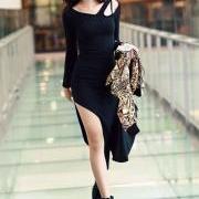 Black Skinny Cut Out Shoulder Long Sleeve Mid Calf Dress 