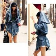 Sexy Fashion Women Lady Denim Trench Coat Hoodie Hooded Outerwear Jean Jacket Cool