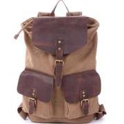Handmade Leather Canvas Backpacks Khaki Canvas Backpacks Student Canvas Backpack Leisure Packsacks