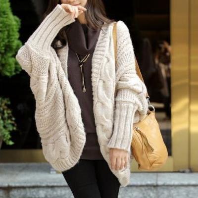 Beige New Lady Loose Warm Sweater Coat Wool Knit Cardigan Batwing Outwear