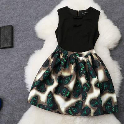 sexy Butterfly Printed Round Neck Sleeveless Dress