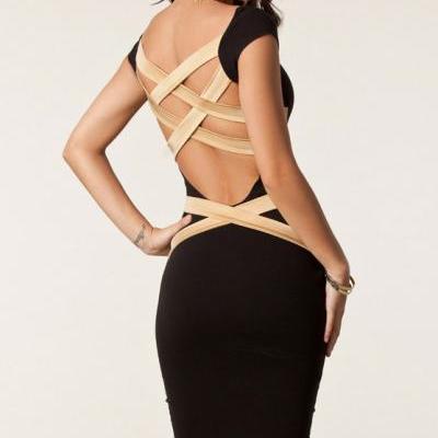 fashion Sexy Cross Back Design Black Mid Length Dress