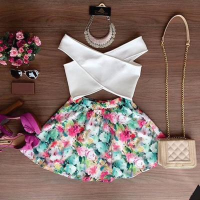 2015 summer sexy Off Shoulder Crop Top Floral Skirt Set for women