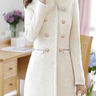 Sweet White Long Sleeve Double Breasted Closure Winter Coat