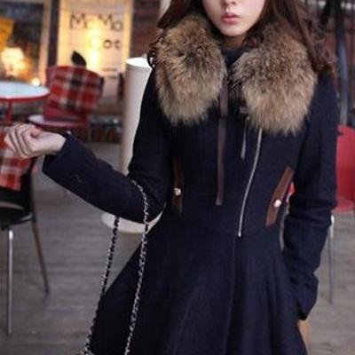 Cheap Korean Style Turndown Collar Long Sleeves Double-Breasted Navy Blue Long Wool Coat