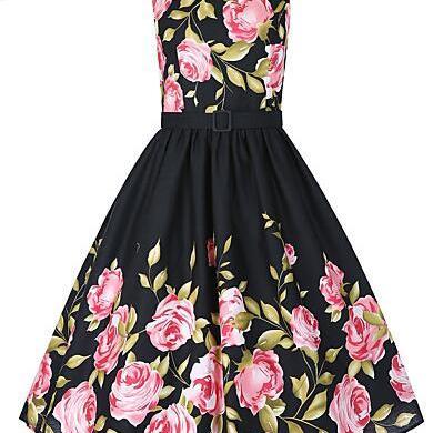  Vintage Skater Dress,Floral Round Neck Knee-length Sleeveless Black Cotton dress