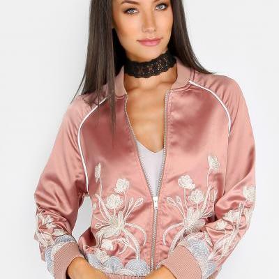 Pink Floral Embroidered Satin Bomber Jacket 