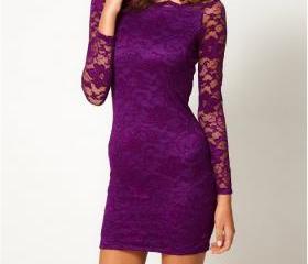 Fashion Lace Long-sleeved Dress - Purple on Luulla