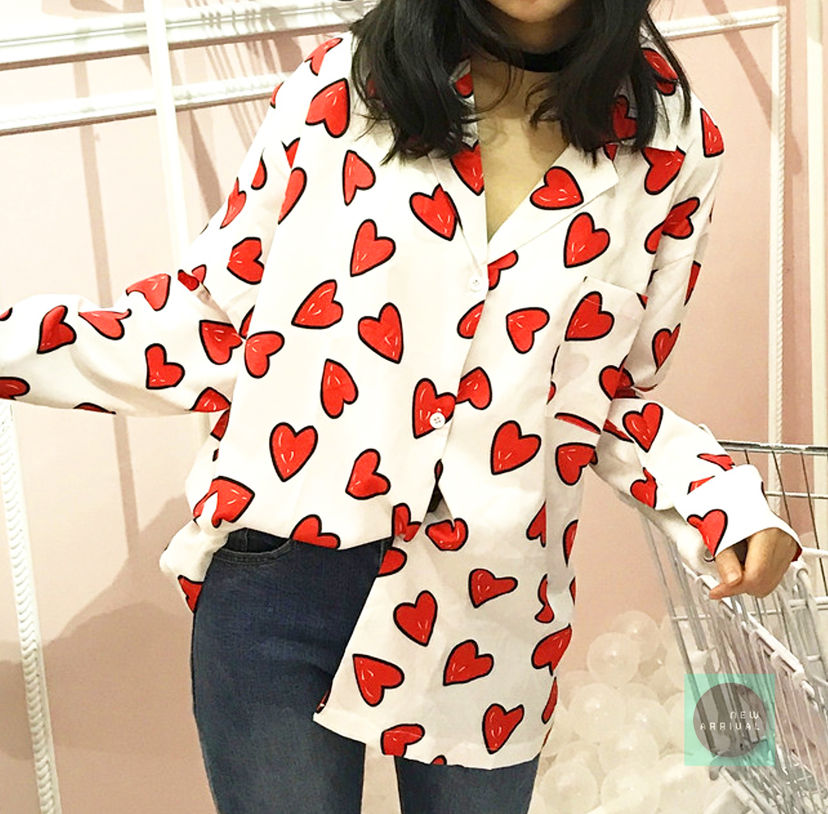 White Or Black Casual Button Down Heart Print Collar Casual Top With Long Sleeves
