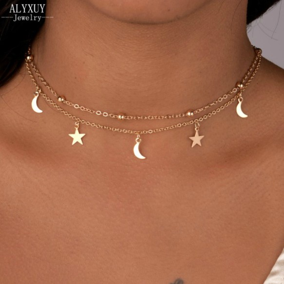 Star and Moon Double Layered Dainty Choker Necklace in Silver or Gold, Jewelry