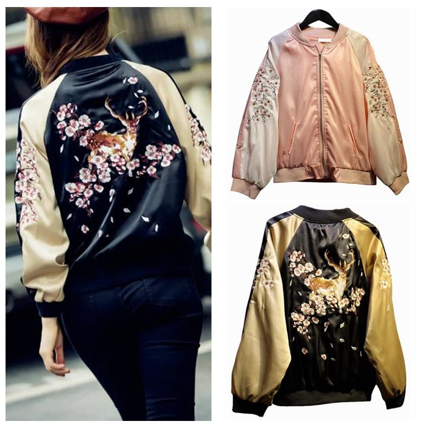  Satin Embroidered Bomber Jacket Women Baseball Coat Floral Embroidery