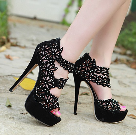 Fashion Peep Toe Hollow Out Rhinestones Embellished Platform Stiletto Super High Heels Black PU Sandals
