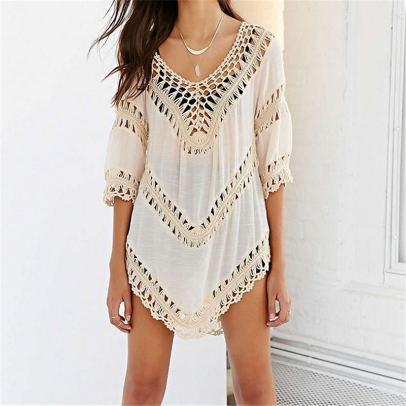 Beach Cover Up Short Sleeves Beach Wear Pareo Crochet Tunic Dress