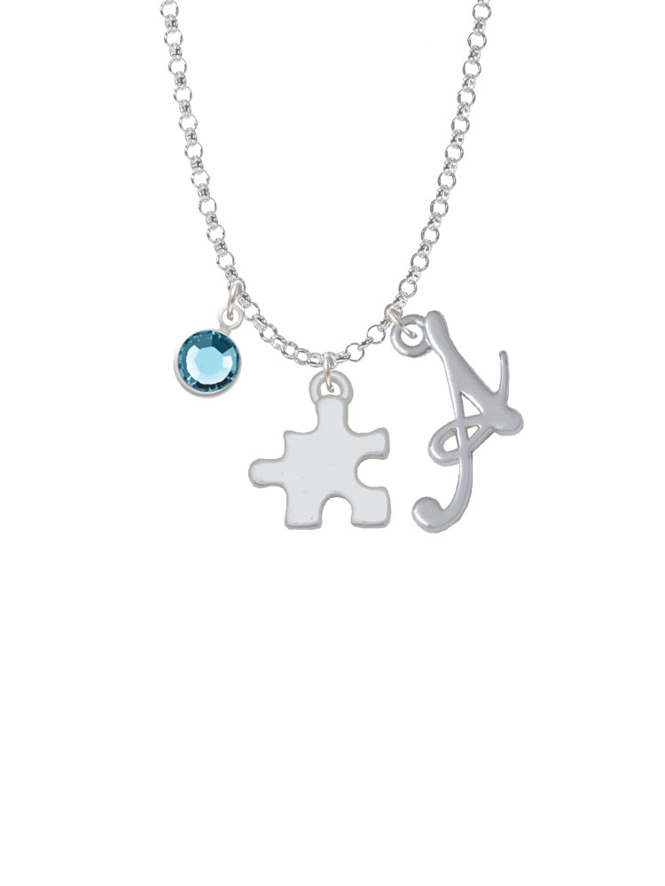 Puzzle Piece Charm Necklace With Gelato Initial And Crystal Drop