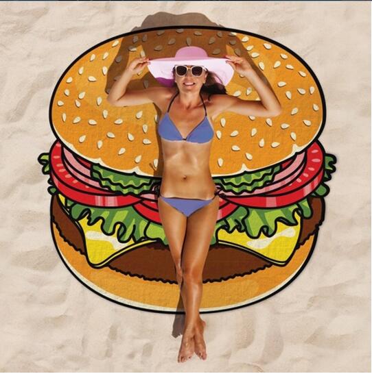 Bohemia Style Hamburger Pizza donut 150cm Printed Summer Bath Beach Round Towels