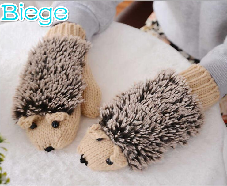 Cute Beige Color Hedgehog Thick Cotton Women Gloves