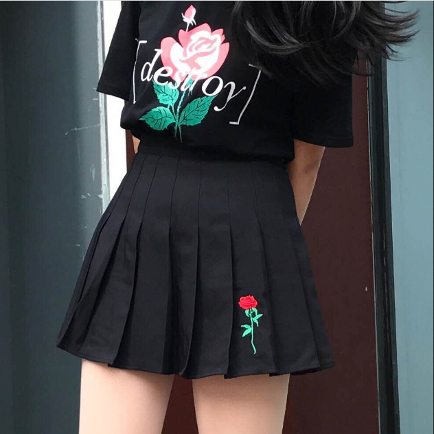 Korea style rose flower embroidery high waist pleated skirt 