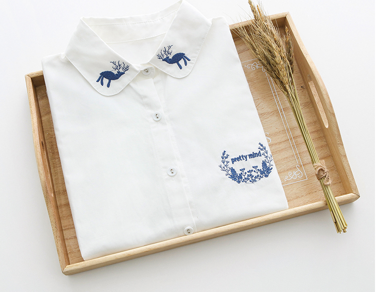 Japanese elk embroidered cotton long-sleeved blouse shirt