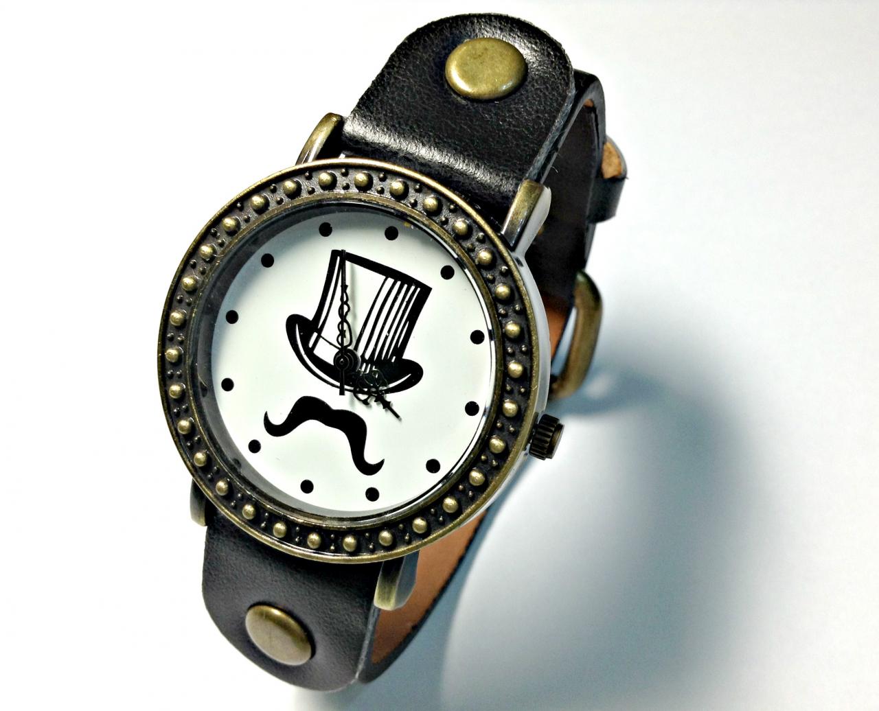Handmade Vintage Magic Hat Moustache Mustache Face Leather Band Watches