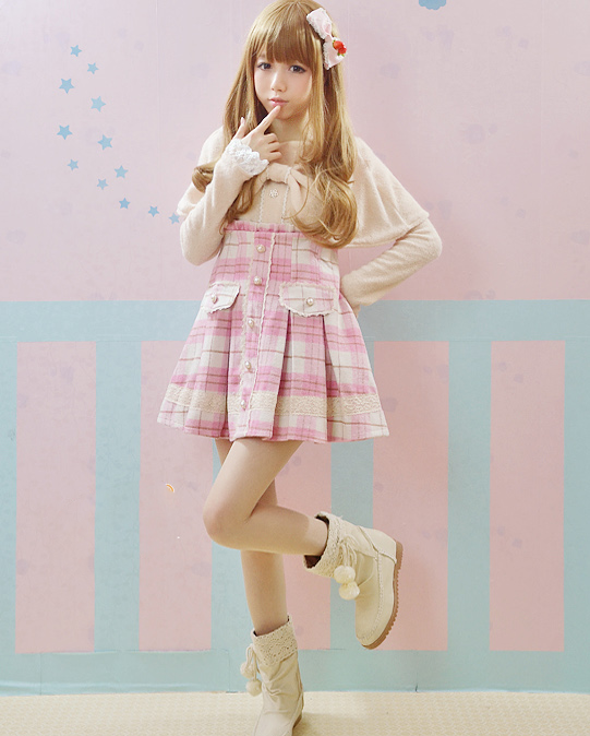 Pink color High Waist Lolita Natural Wool Skirt With Detachable Straps