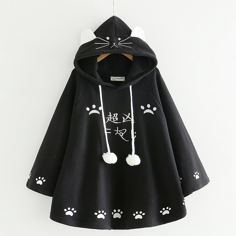  Kawaii Cat Ear Sweatshirt Japanese Cute Paws Girls Casual Outerwear Harajuku Cloak Fleece Loose Hooded 