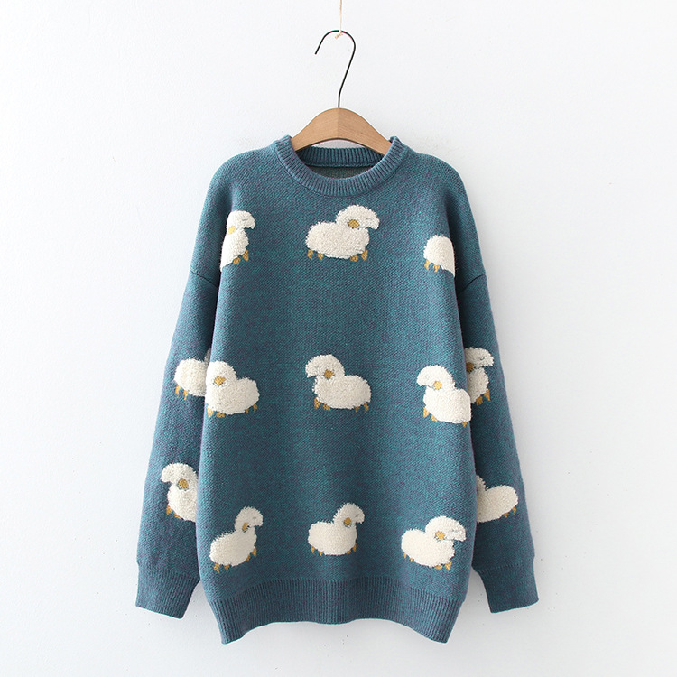 Cute White Sheep Embroidered Sweater