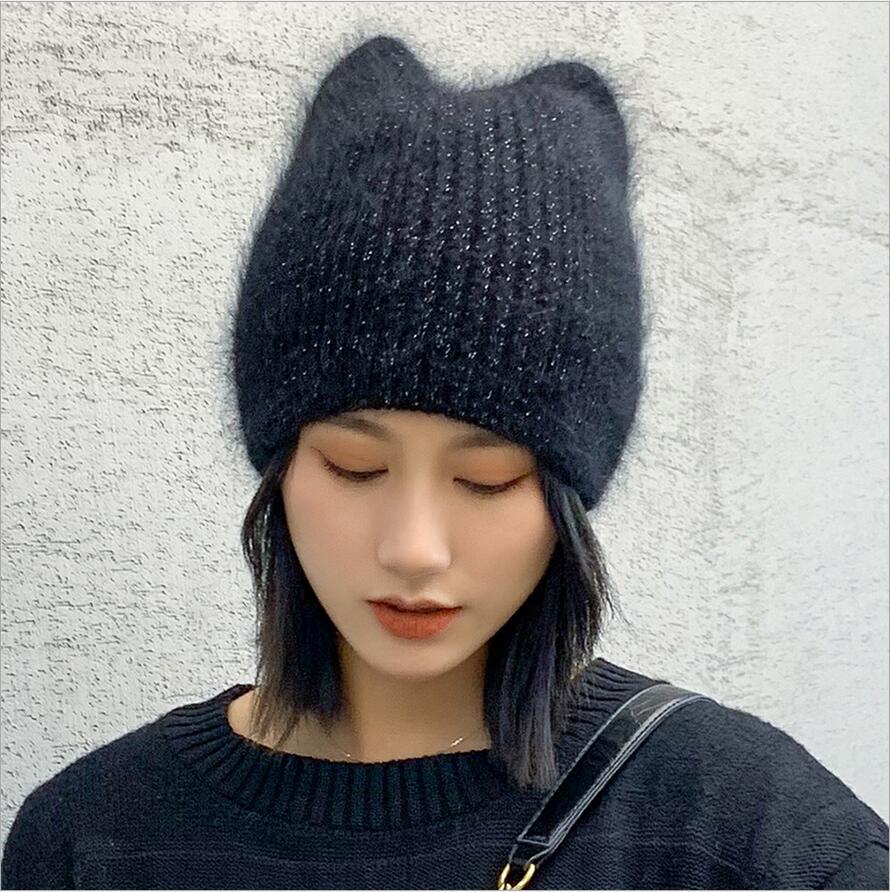 Cute cat ears rabbit fur knitted women's hood hat/wool cap