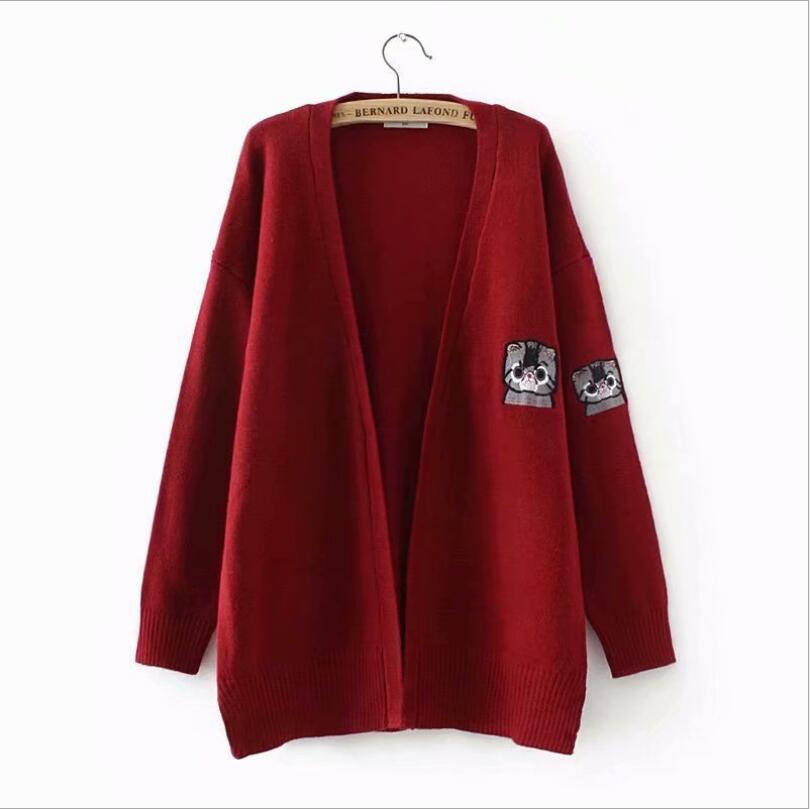 Women cat Embroidery Long Sleeve Knitted Cardigan